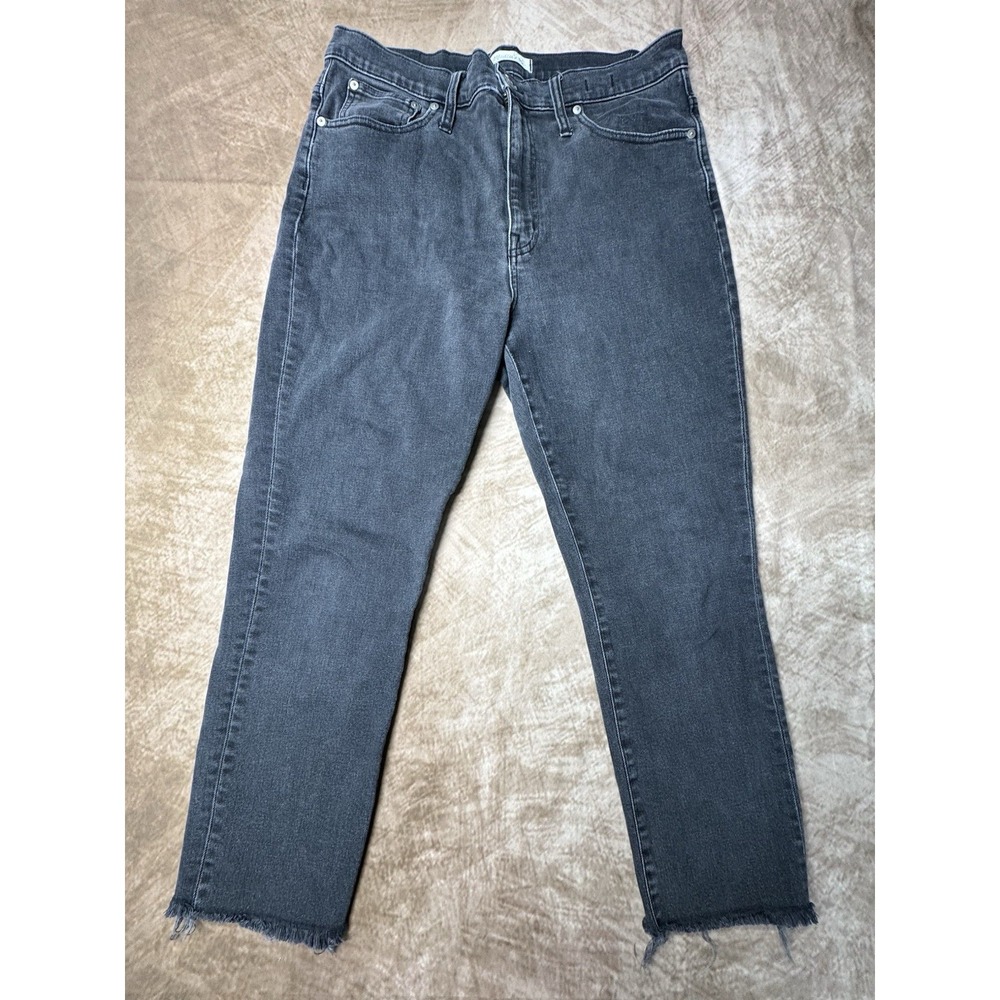 Madewell Slim Crop Boy Jeans Size 30 Black Medium Wash Raw Hem High Rise Denim